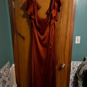 Azazie Rust Maxi Dress with Ruffle Sleeves